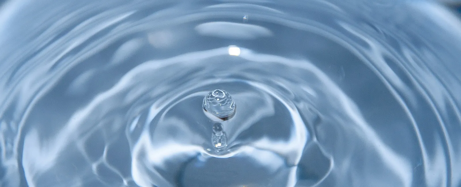 A close-up view of a water droplet creating ripples in a calm blue surface.