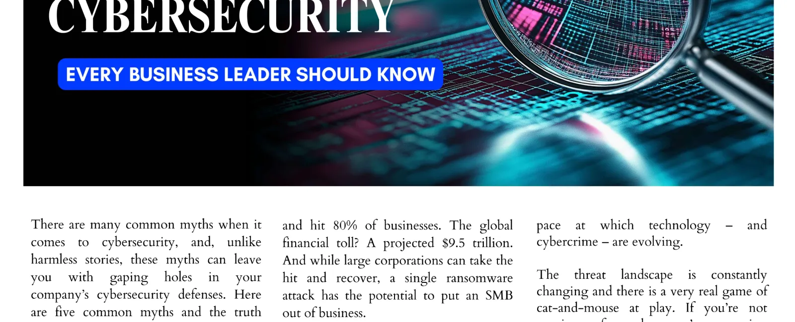 Magazine cover titled Technology Times featuring cybersecurity tips with magnifying glass on digital code.