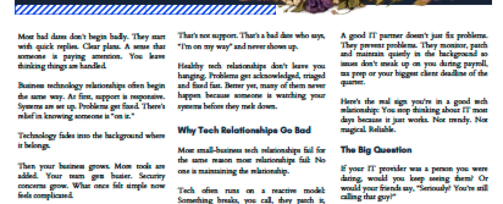 Technology Times March 2026 cover with article on troubled IT relationships and a bouquet of wilted flowers.