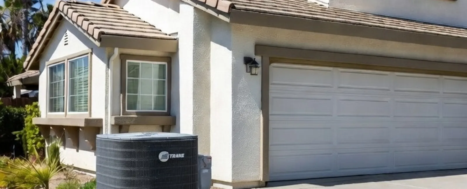 Two-story beige house with tiled roof, desert landscaping, and a central air conditioning unit on a sunny day.