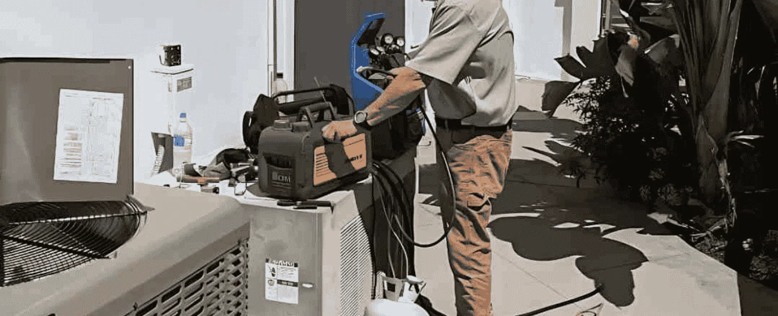 Technician servicing air conditioning unit outdoors using tools and equipment on a sunny day.