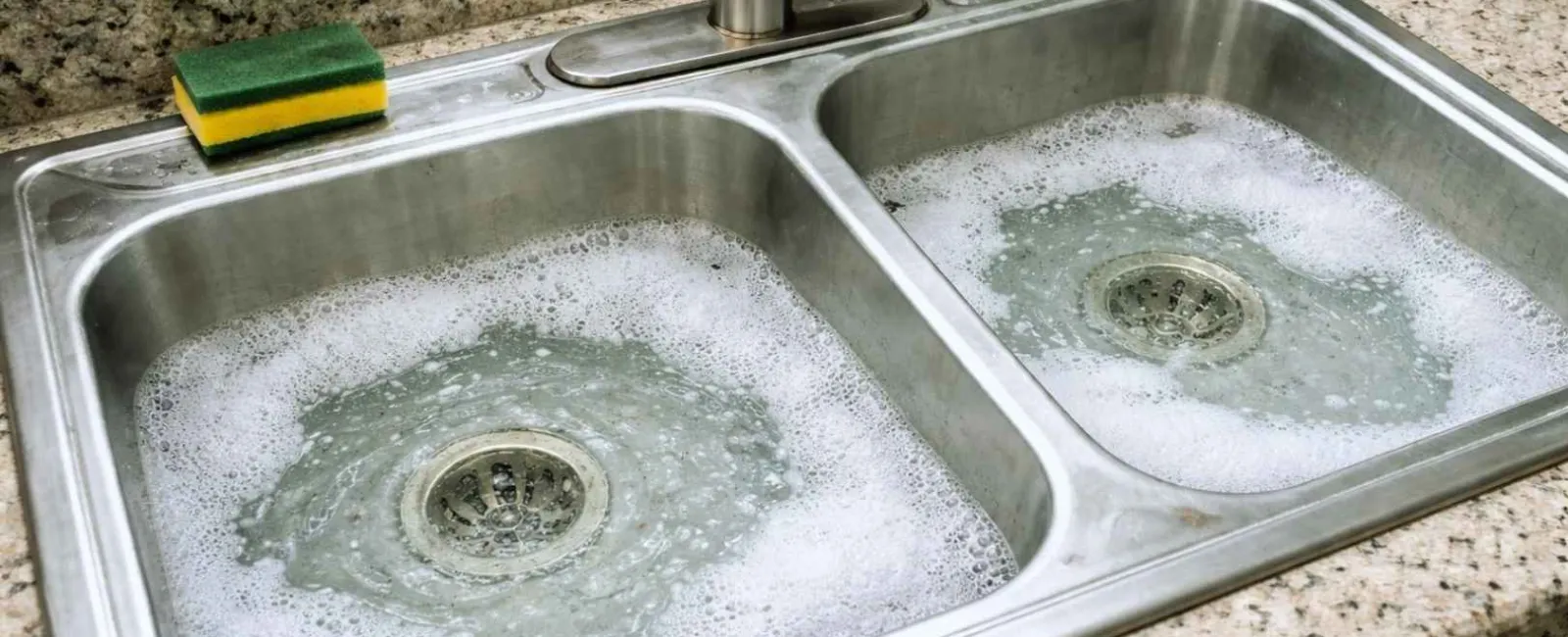 Double stainless steel kitchen sink filled with soapy water and a green sponge on granite countertop