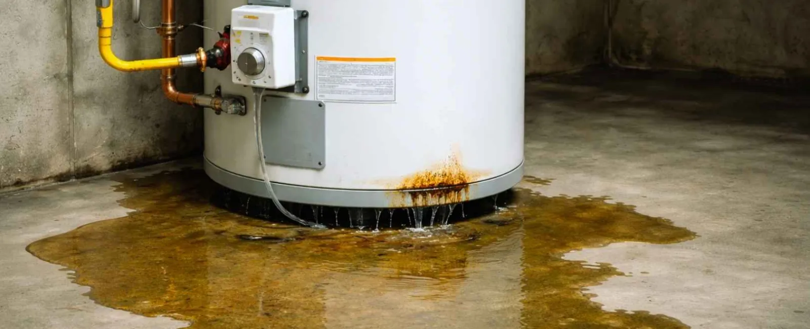Leaking water heater with rust stains creating a large puddle on a concrete basement floor.