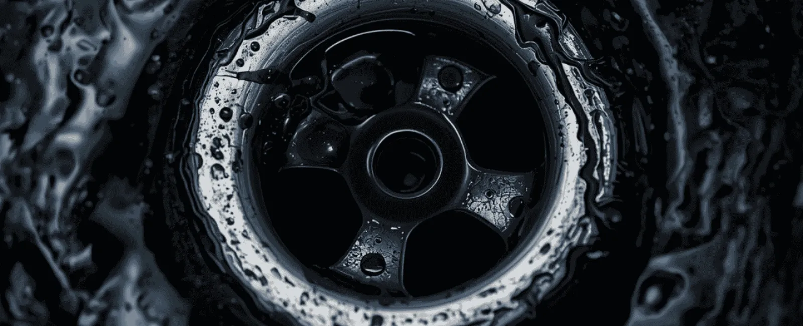 Close-up of a wet metal sink drain surrounded by swirling dark water and bubbles.