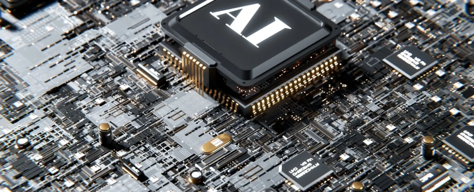 Close-up of a microchip labeled AI on a complex circuit board with other integrated circuits and electronic components.