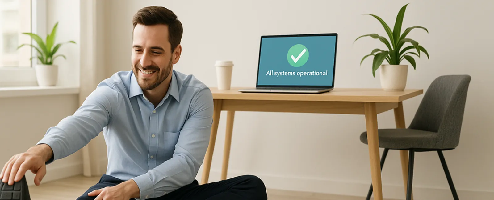 Smiling man in office attire stretching on a yoga mat with dumbbell and laptop showing all systems operational