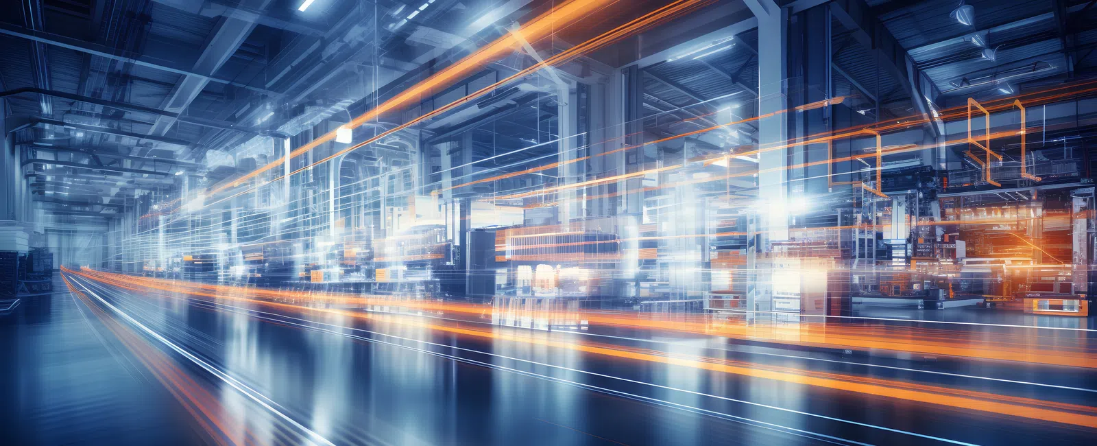 Modern factory with blue tones and orange light trails illustrating high-tech automation and speed.