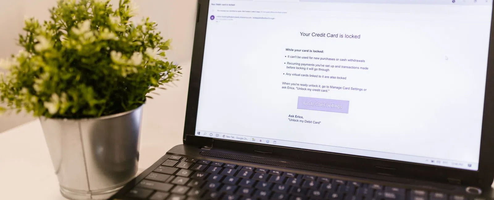 Laptop screen displaying a locked credit card notification next to a small potted plant on a white table.