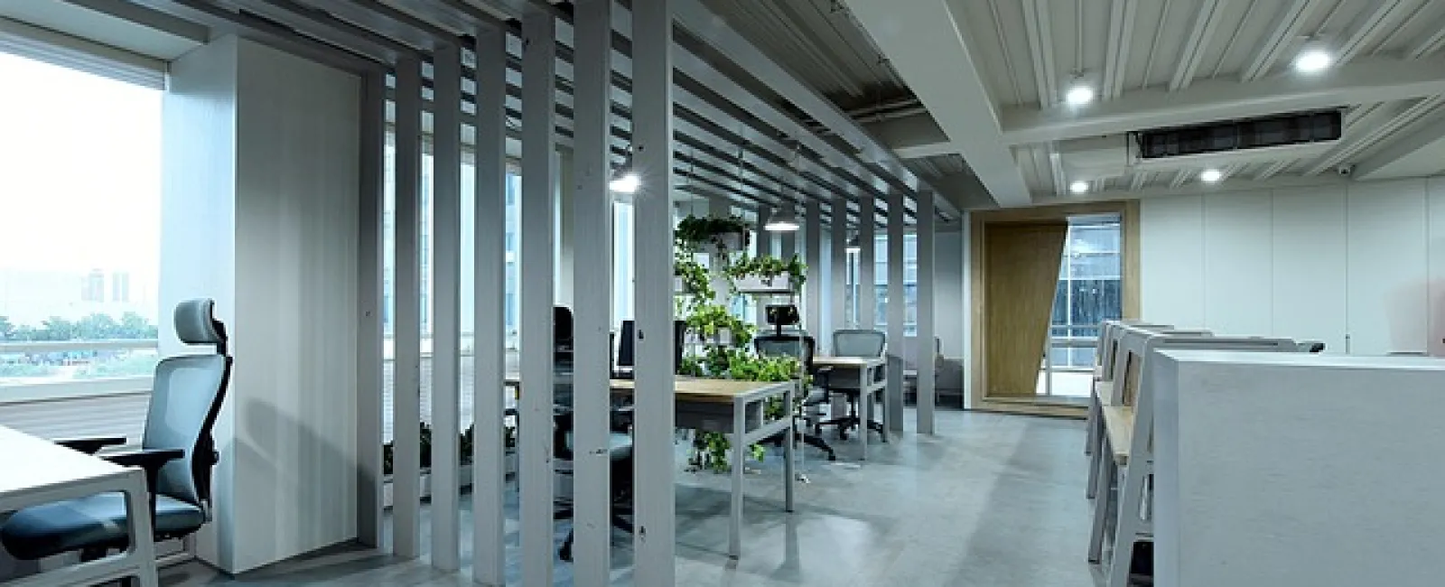 Modern open office space with ergonomic chairs, desks, indoor plants, and ample natural light through large windows.