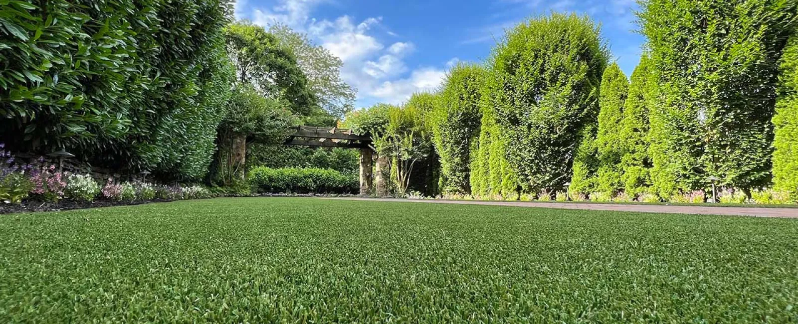 Low angle view of well-manicured green lawn with tall bushes and a wooden pergola under a blue sky.