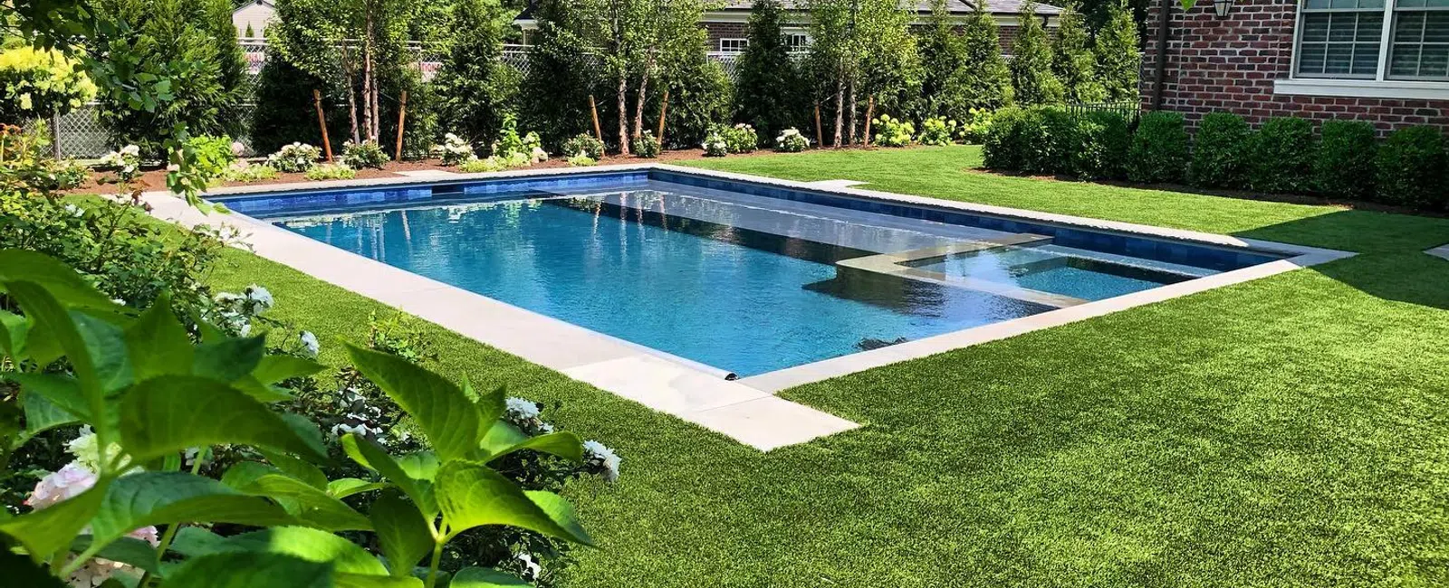 Rectangular backyard swimming pool surrounded by green lawn, plants, and residential houses on a sunny day.