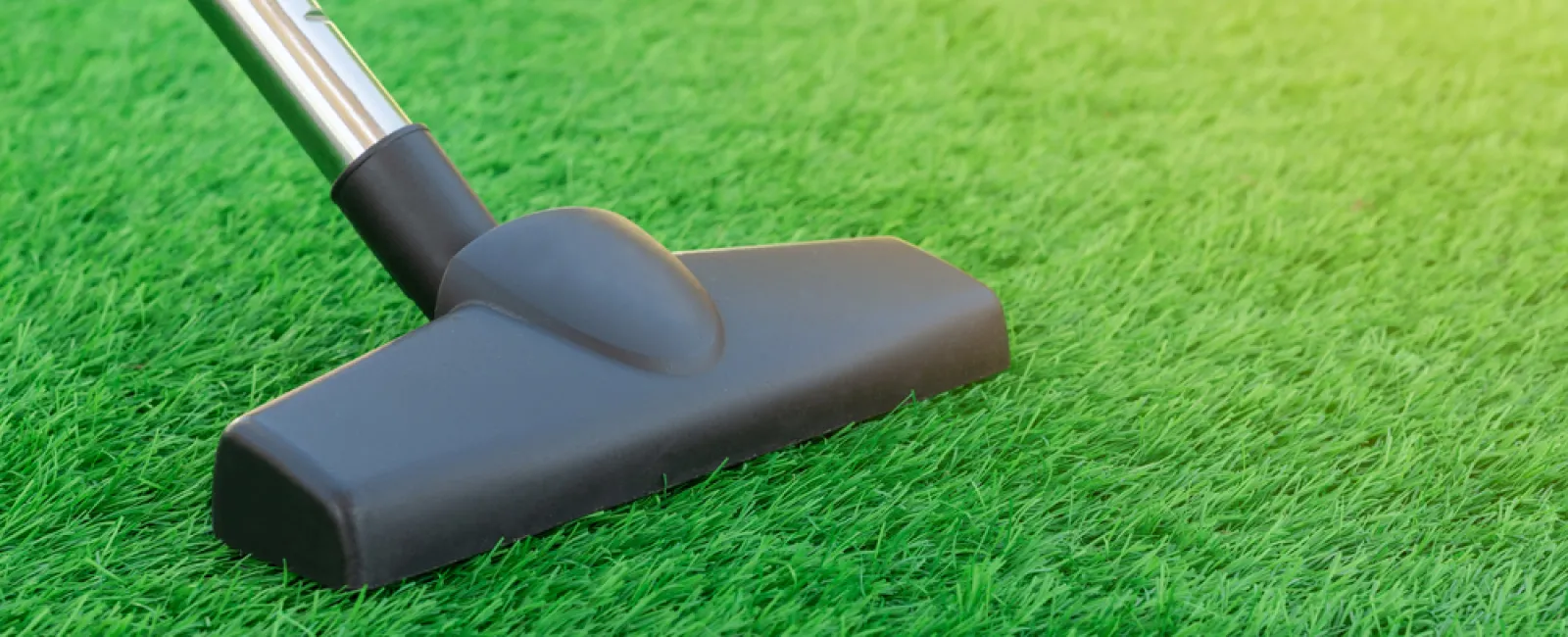 Vacuum cleaner head on vibrant green artificial grass with sunlight in background