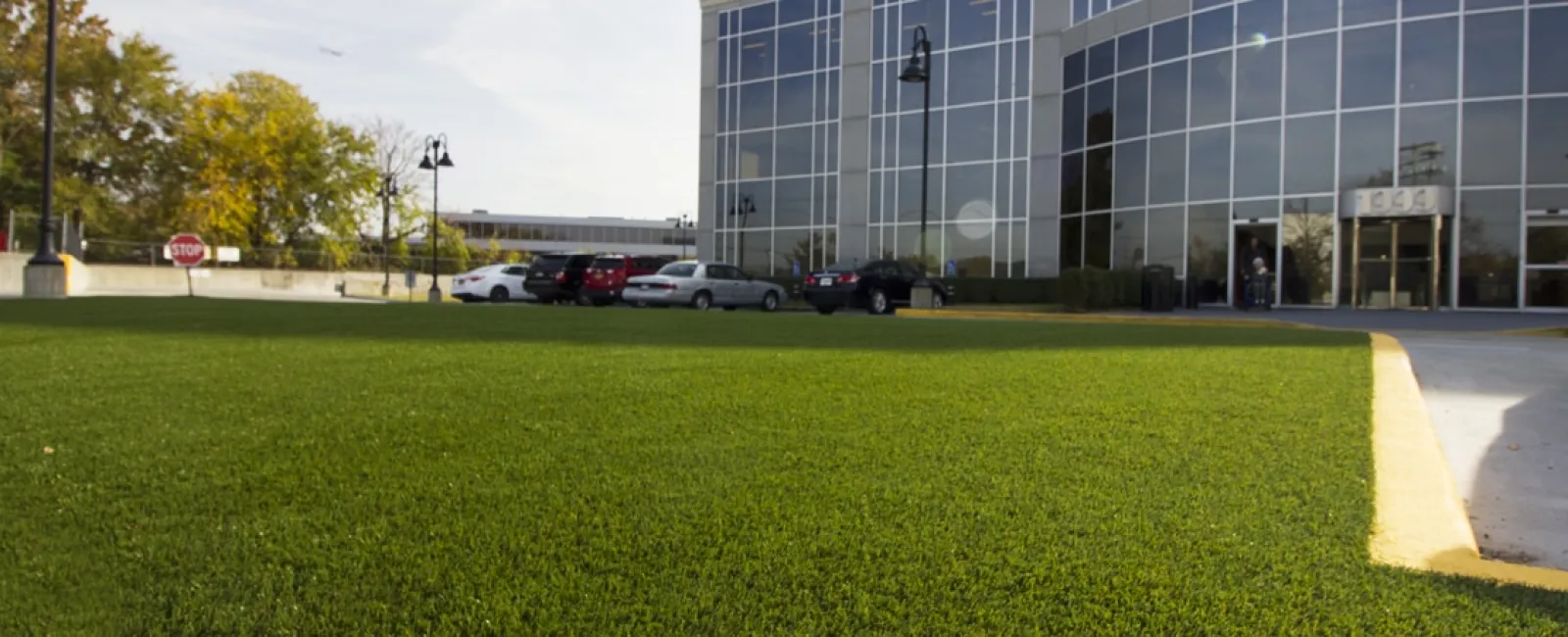 a building with a parking lot