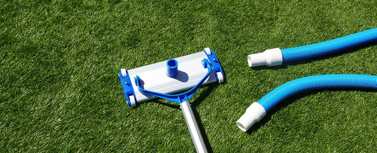 Pool vacuum head and blue flexible hoses on green grass ready for pool cleaning.