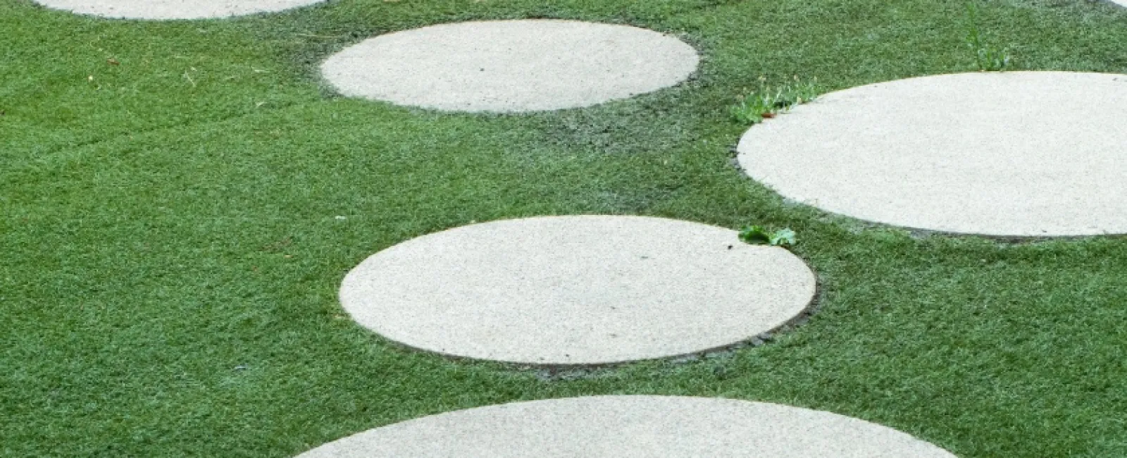 Circular concrete stepping stones arranged on green grass lawn in a garden pathway design