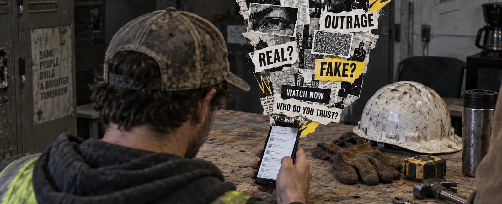 Construction worker viewing phone with overlay of news headlines questioning truth and trust in media.
