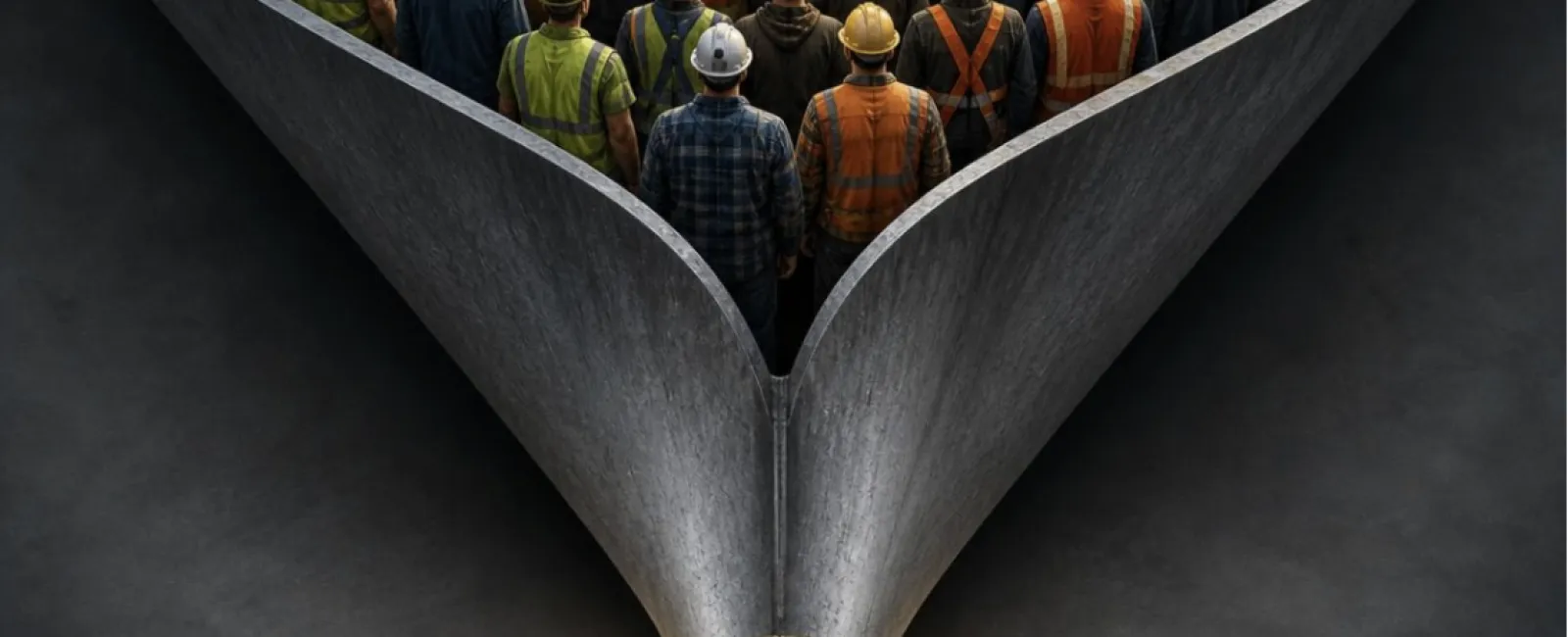 Three leaders in hard hats stand in spotlight below a funnel guiding a large crowd of construction workers.