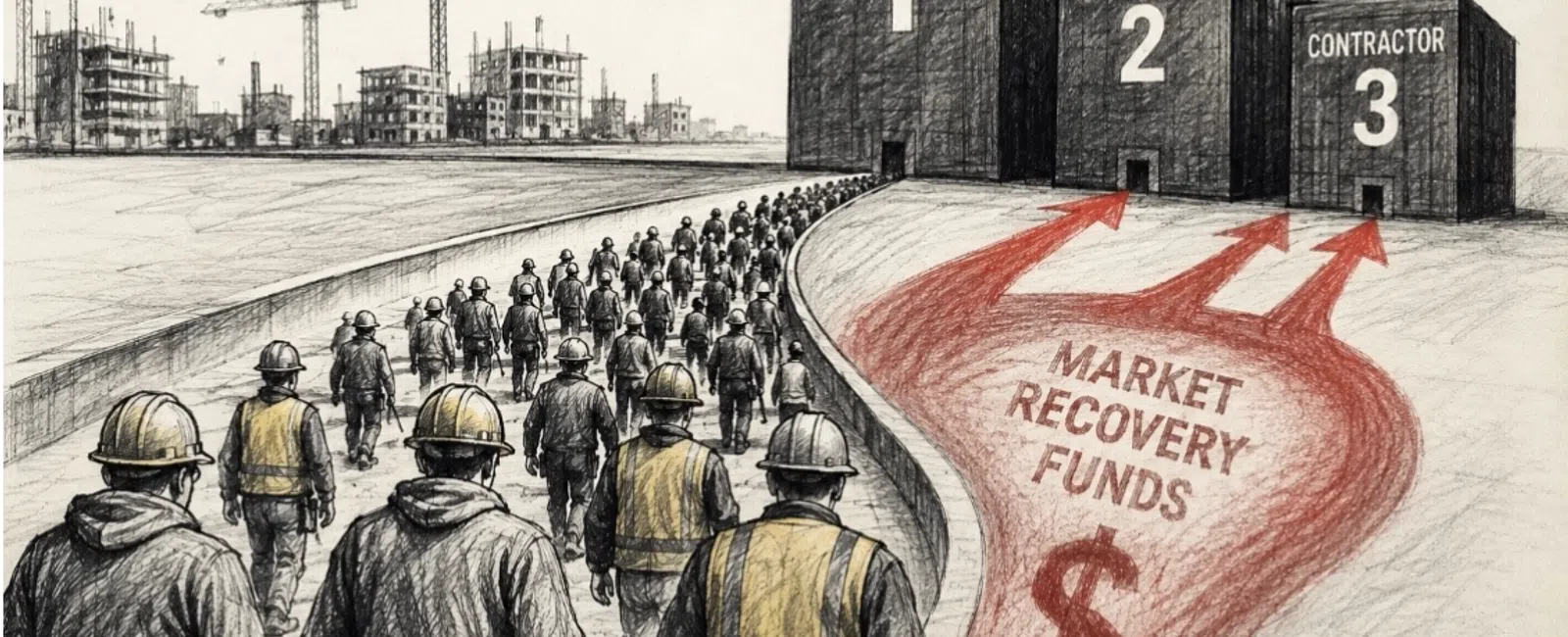Construction workers walk toward contractors labeled 1, 2, and 3, with market recovery funds flowing as red arrows.