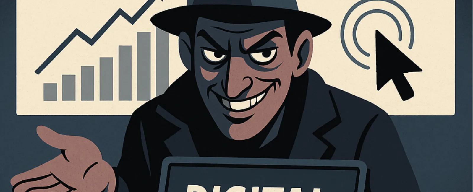 A sneaky man promoting digital services linked to click fraud and fake web traffic statistics in a dark setting.