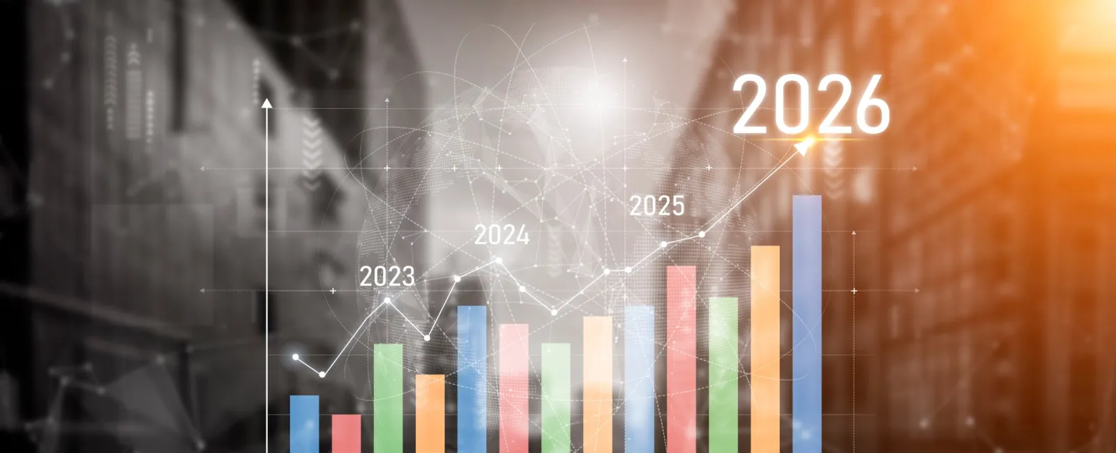 Hand holding futuristic 3D bar chart with yearly growth data from 2023 to 2026 in urban background.