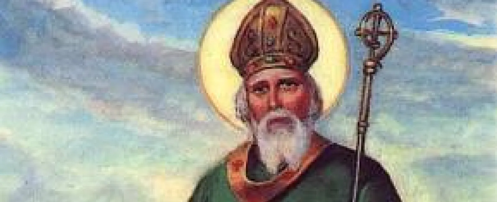 Saint holding a bishop's staff defeats a hydra-like serpent near a castle by the water under a cloudy sky.