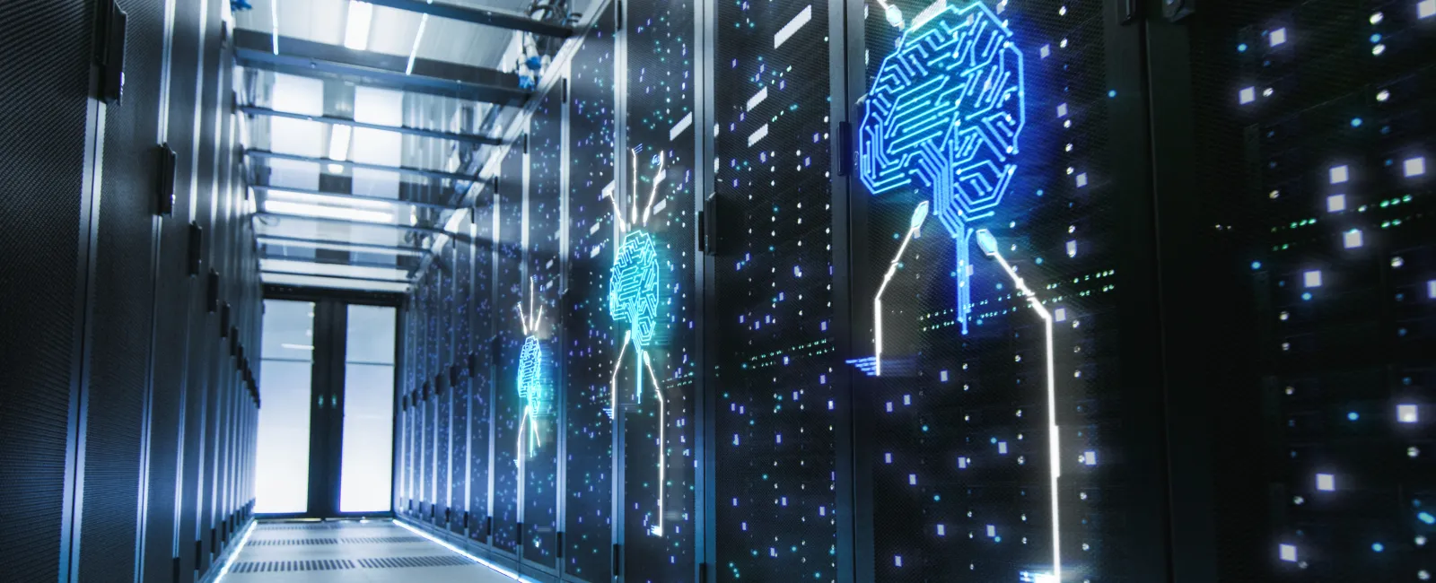 Server room aisle with glowing AI brain icons on black server racks in a high-tech data center environment.