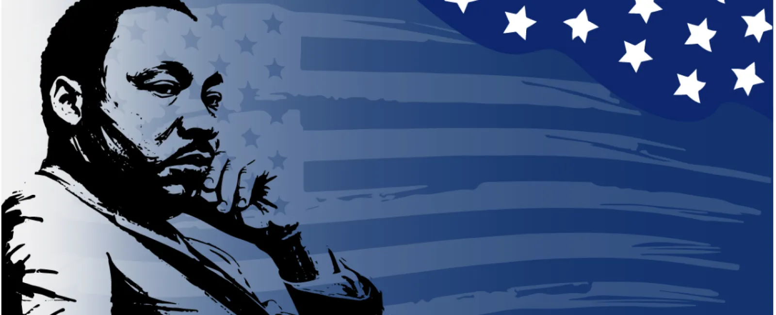 Illustration of Martin Luther King Jr. with American flag background and I Have a Dream text for MLK Day.