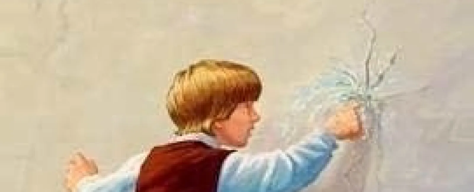 Boy punching and cracking a wall with his fist wearing a brown vest and tan pants in a vintage style.