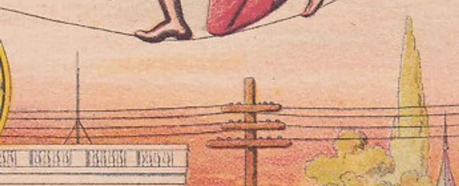 Vintage illustration of a man balancing on a tightrope holding a pole with an American flag at sunset.