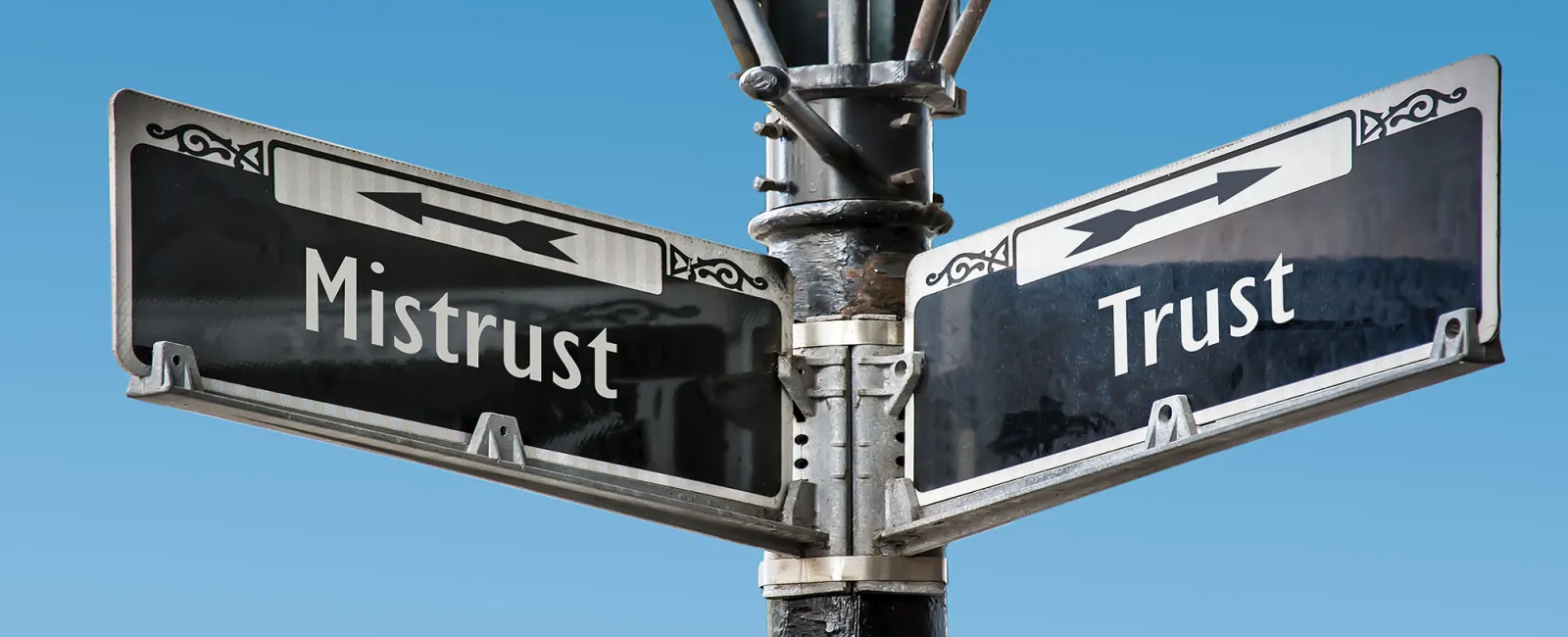 Dual street signs on a black pole pointing left to mistrust and right to trust against clear blue sky.