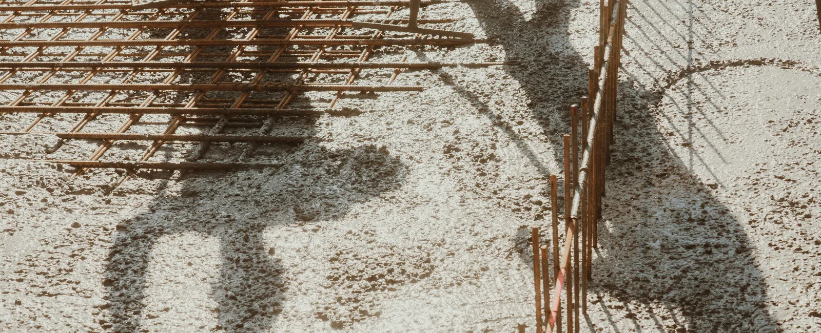 Construction workers installing rebar grid on fresh concrete slab foundation on sunny day
