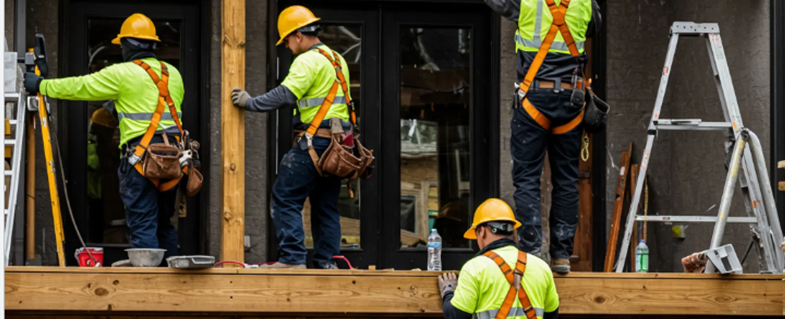 Construction workers wearing yellow safety helmets and neon vests building a wooden frame on a stone foundation house.