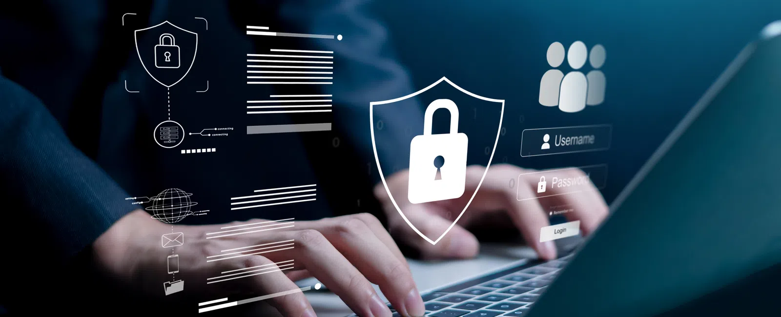 Person typing on laptop with digital security icons including lock, username, and password overlays