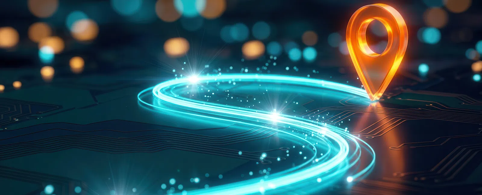 Glowing blue path leading to an orange map pin on a dark futuristic circuit board background