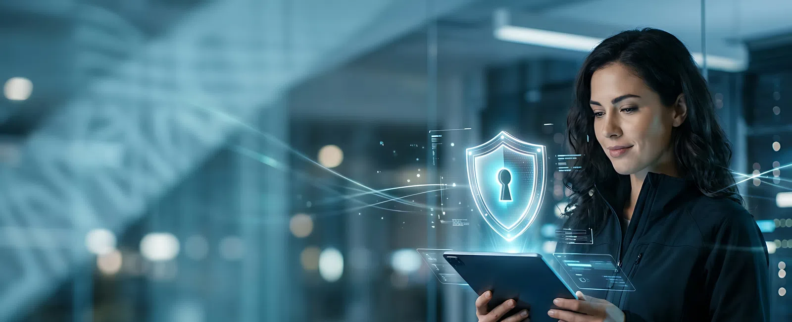 Woman holding a tablet with digital security shield icon and keyhole hologram in modern office at night.