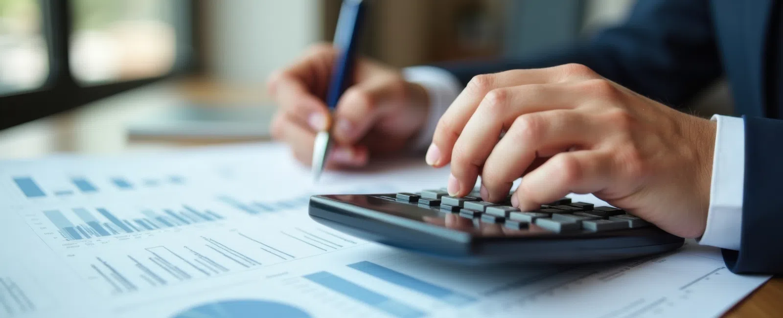Person using calculator and pen to analyze financial charts and data on printed documents at desk.