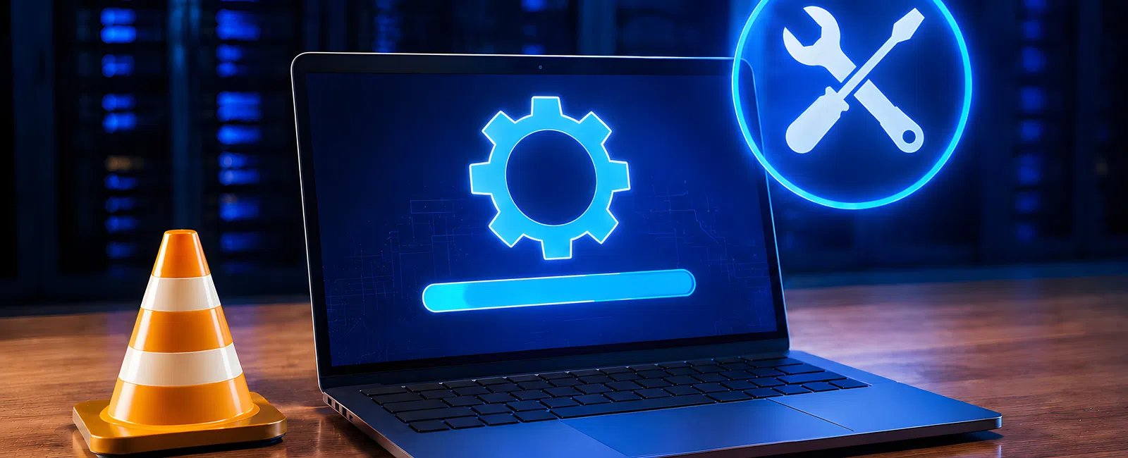 Laptop with a loading gear icon and tools symbol next to a safety cone on a wooden desk in data center.