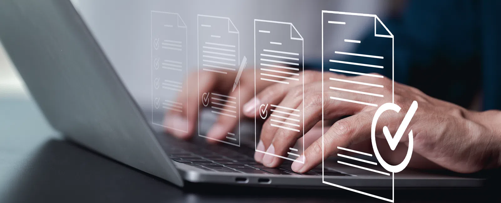 Person typing on laptop with digital documents and checkmarks floating, symbolizing data verification or approval.