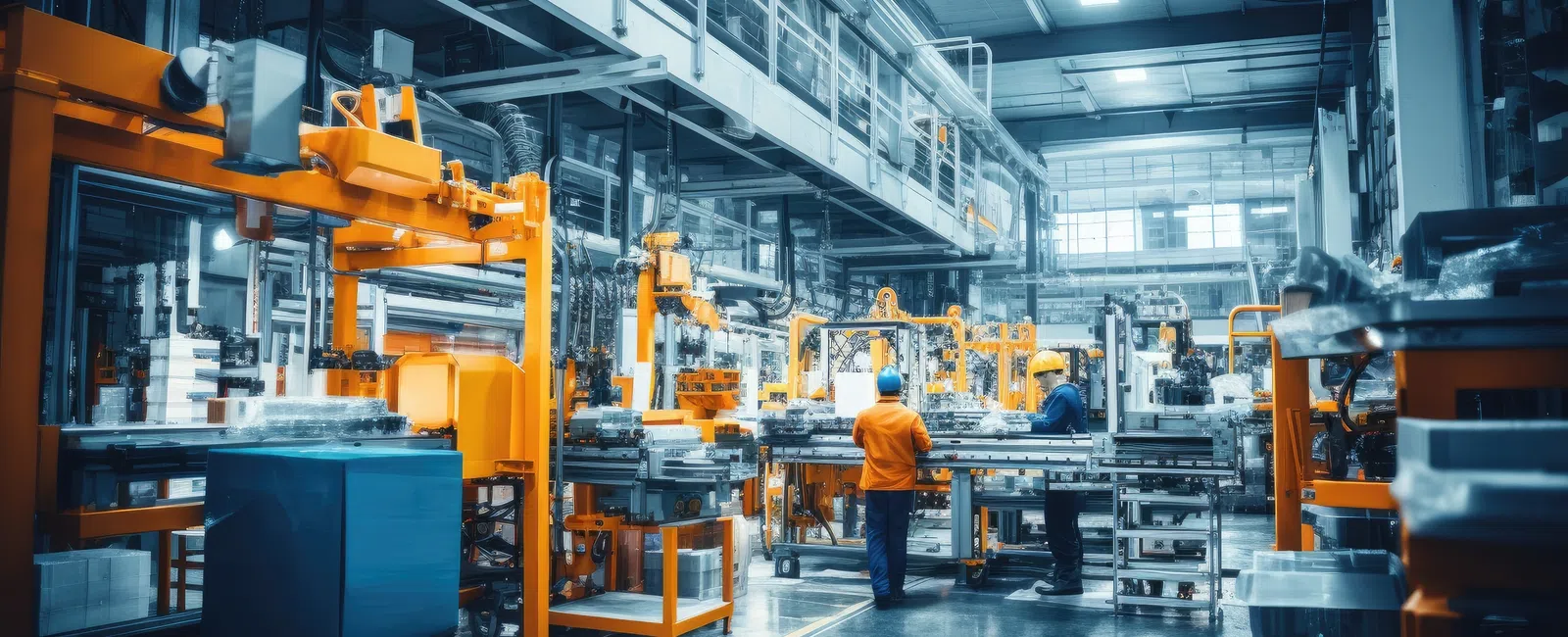 Industrial factory floor with orange robotic arms and two workers operating automated machinery.