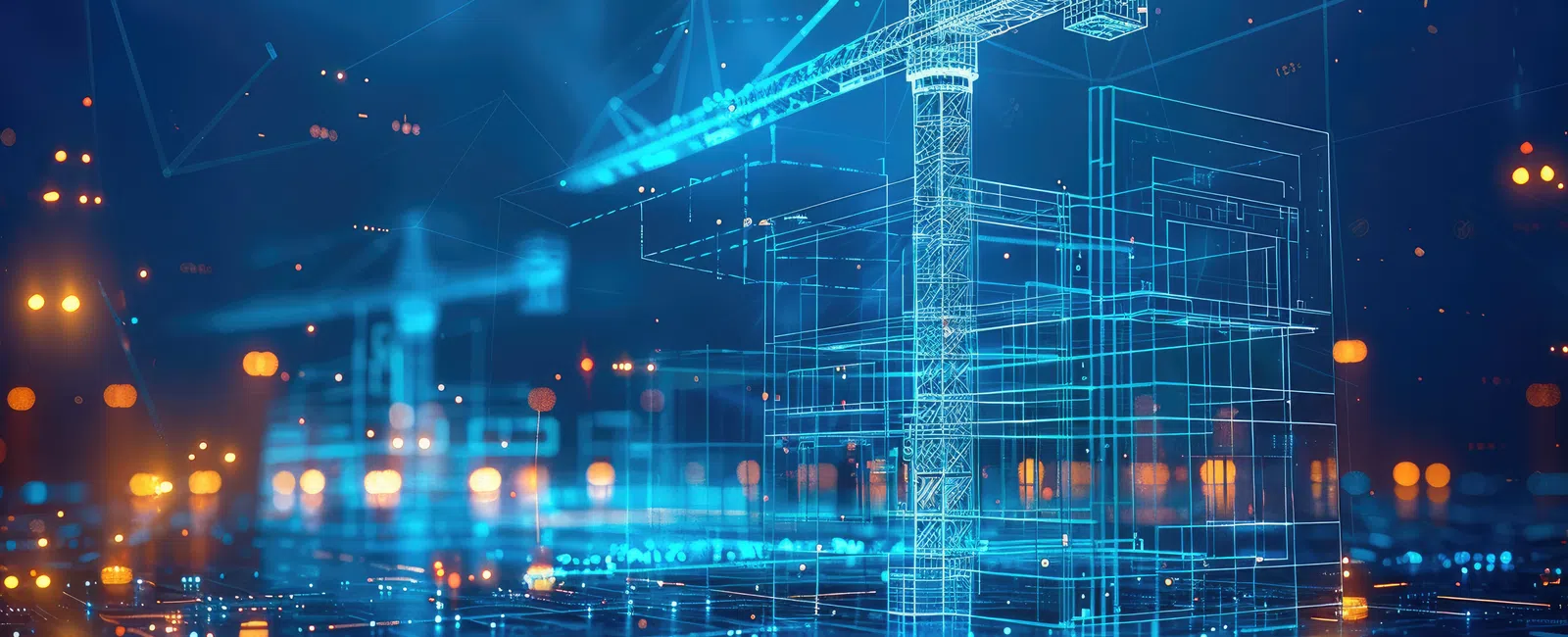 Digital blueprint of a construction site with cranes and building structures in neon blue light effects