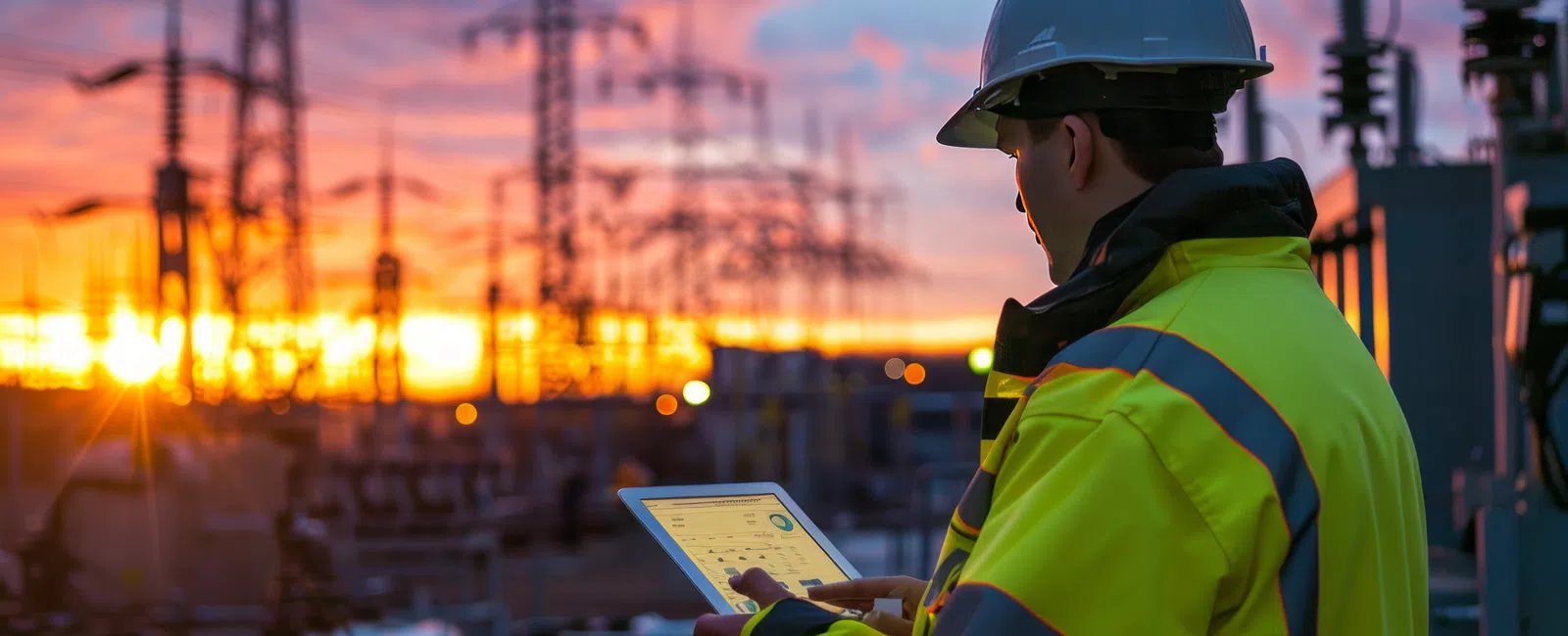 Engineer in high-visibility jacket and hard hat using tablet at electrical substation during sunset.