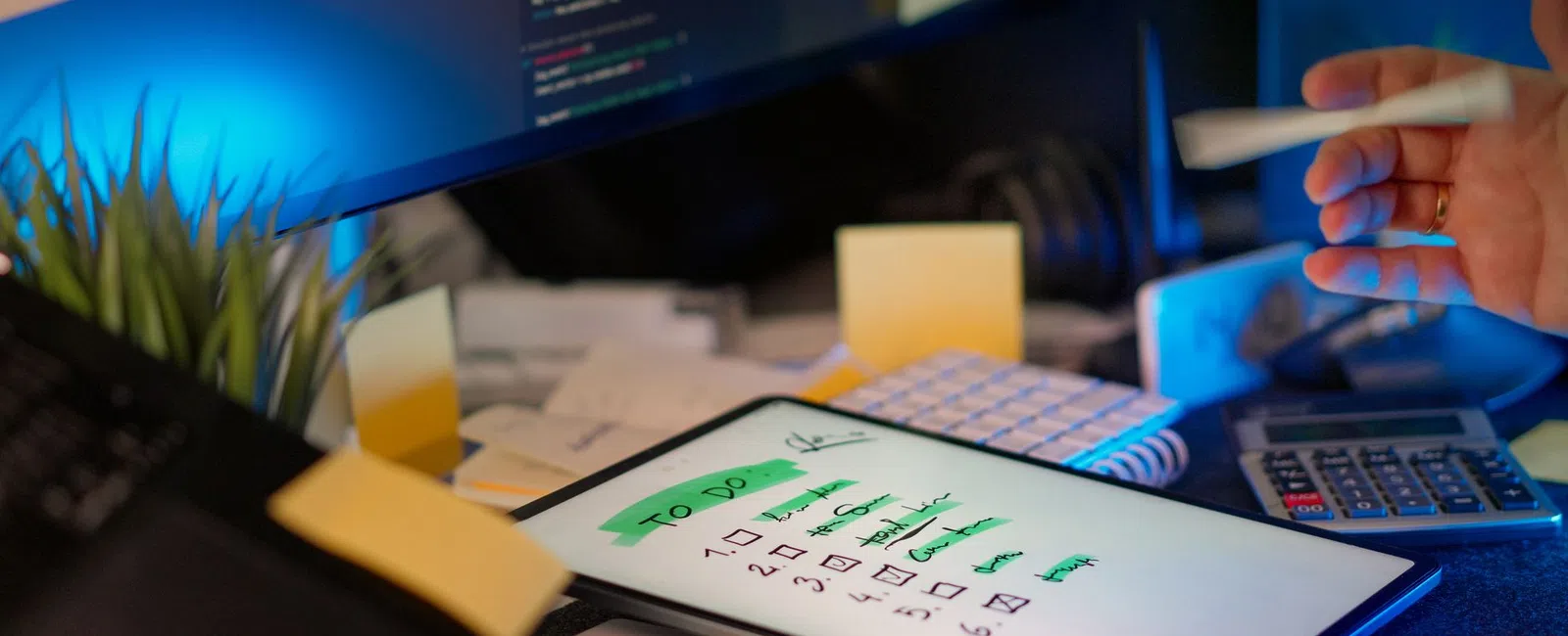 Digital tablet displaying a green highlighted to-do list on a desk with sticky notes, keyboard, and calculator.