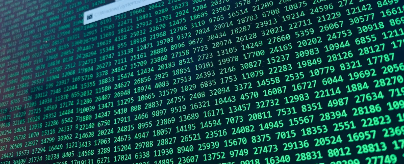 Close-up of a computer screen displaying green numerical code and data entries on a dark background.