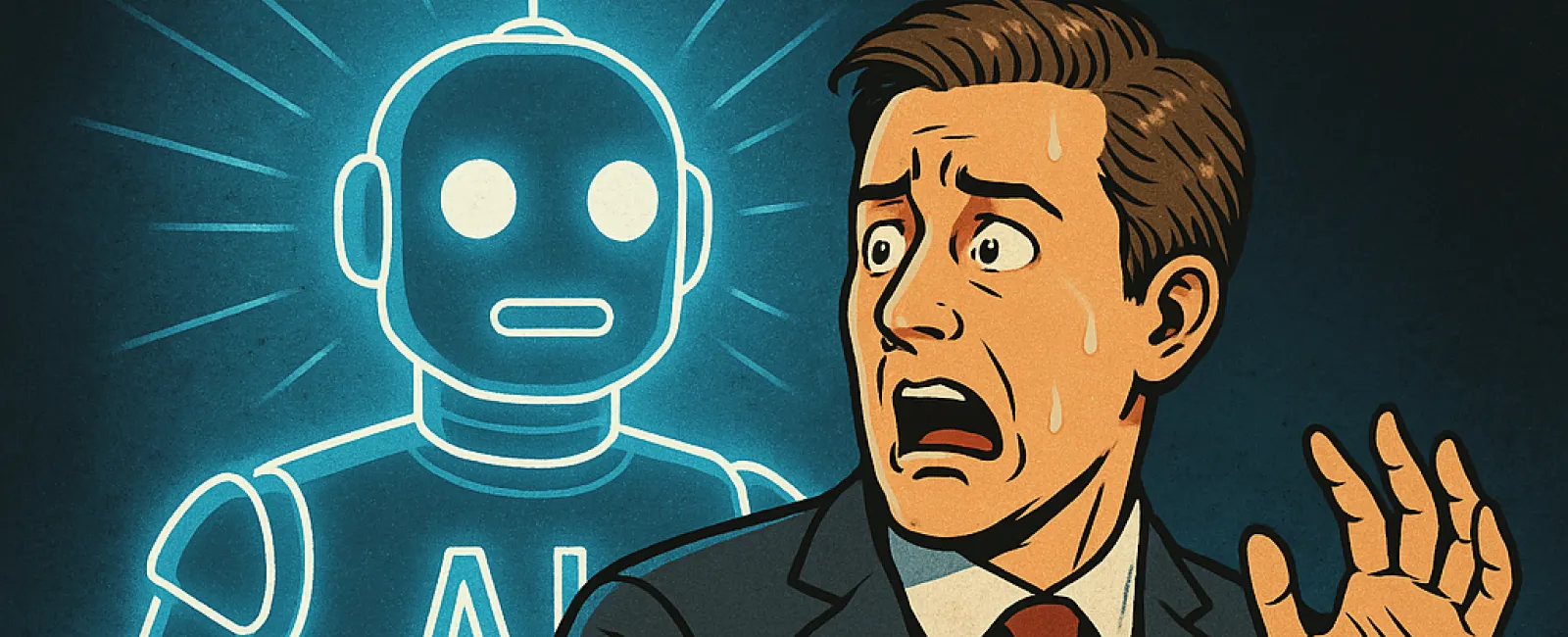 Illustration of a worried businessman sweating while a glowing AI robot looms behind him with a serious expression.