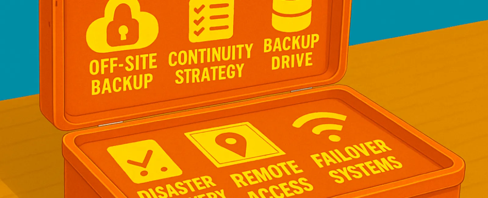 Orange business continuity toolkit case with icons and text for backup, strategy, disaster recovery, remote access, and failover.
