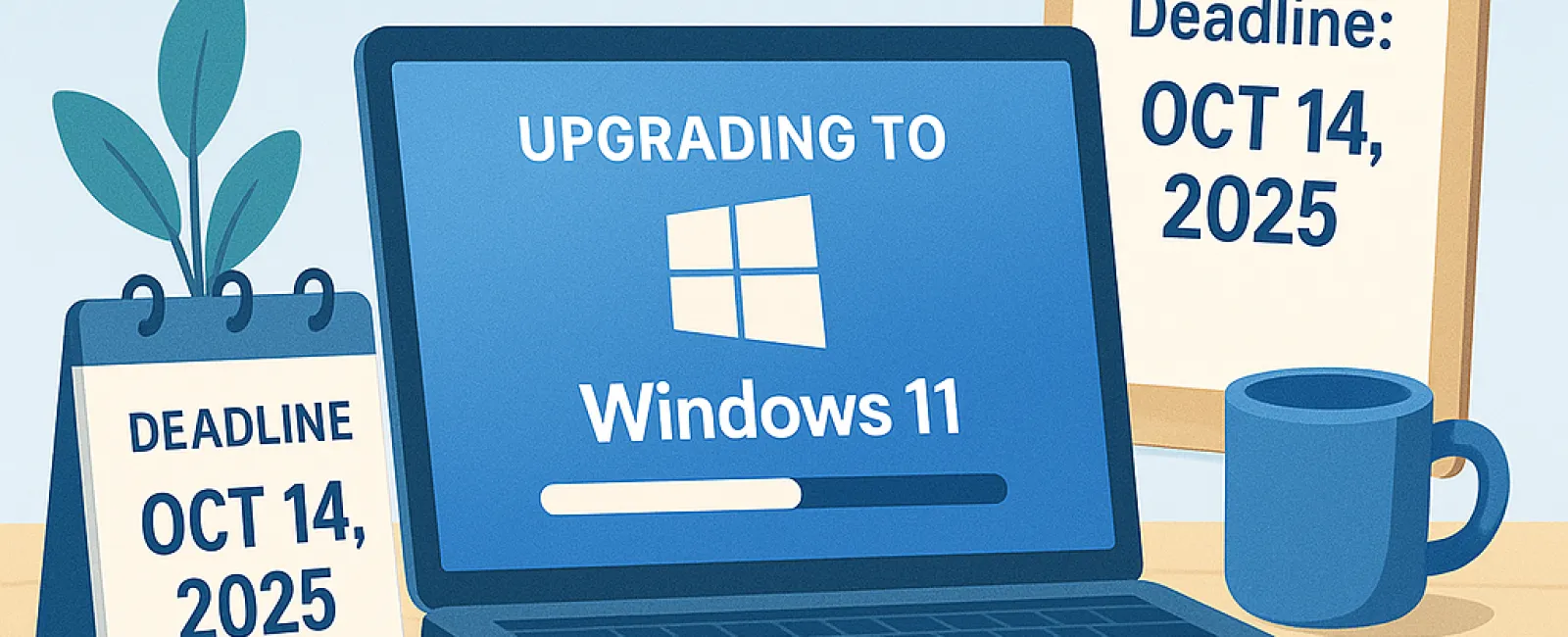 Laptop screen showing upgrading to Windows 11 with deadline date October 14, 2025 displayed on desk calendars and clipboard.