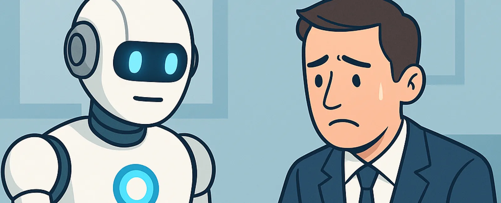 Robot assisting a worried businessman working on a laptop at a desk in an office setting.