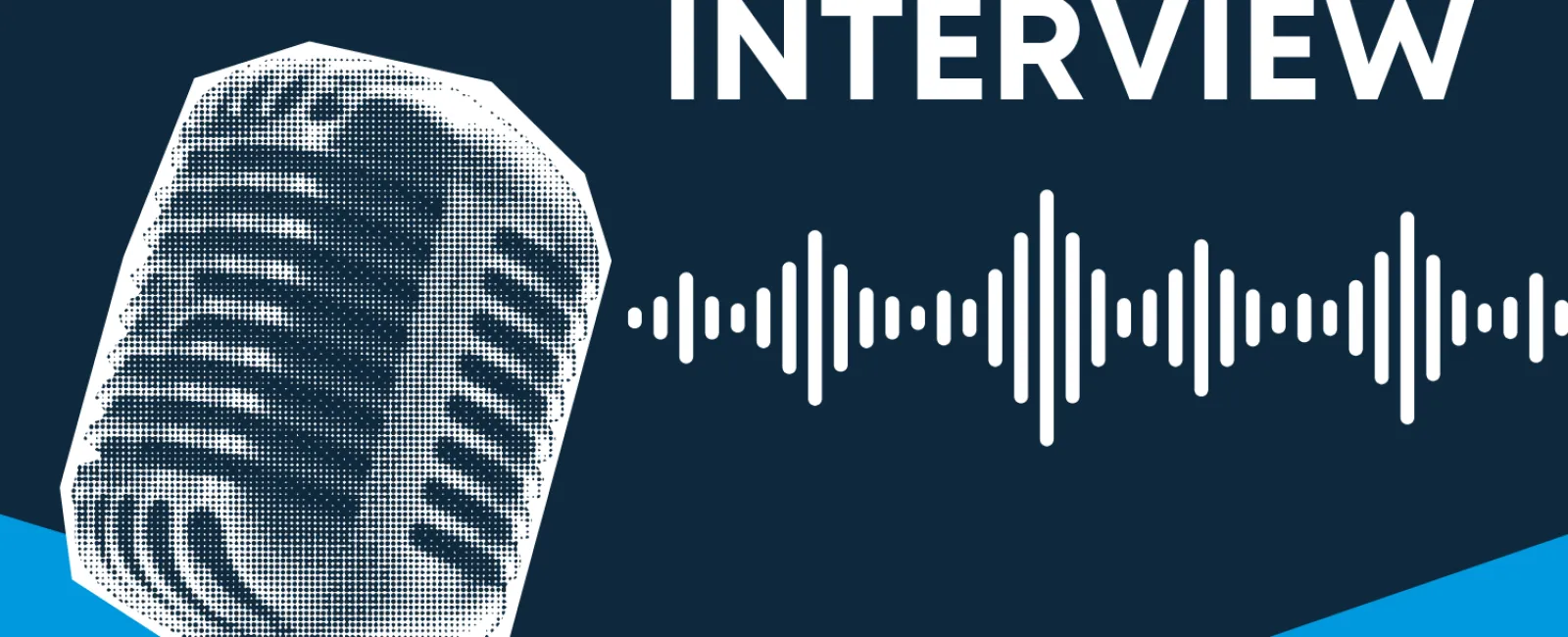 Retro microphone with soundwave graphic and bold text reading podcast interview on blue background