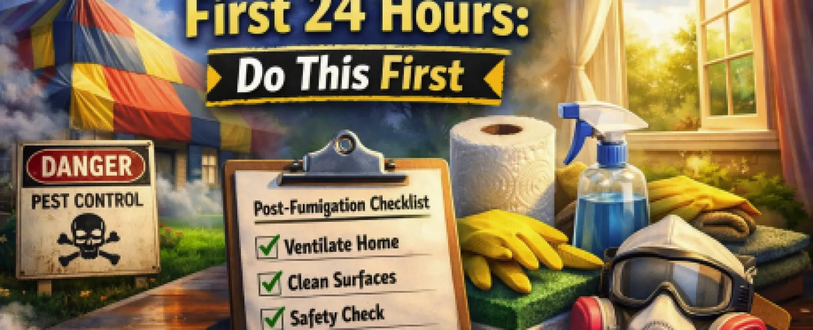 Post-fumigation checklist with ventilate, clean, and safety items next to protective gear and cleaning supplies by a sunny window.
