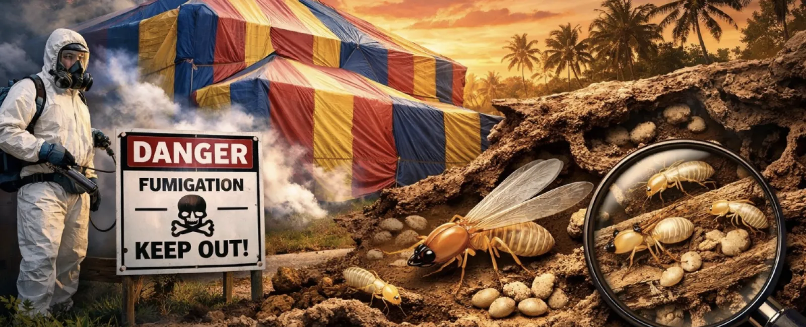 Person in protective gear fumigating termite nest near colorful tent at sunset with warning sign present.